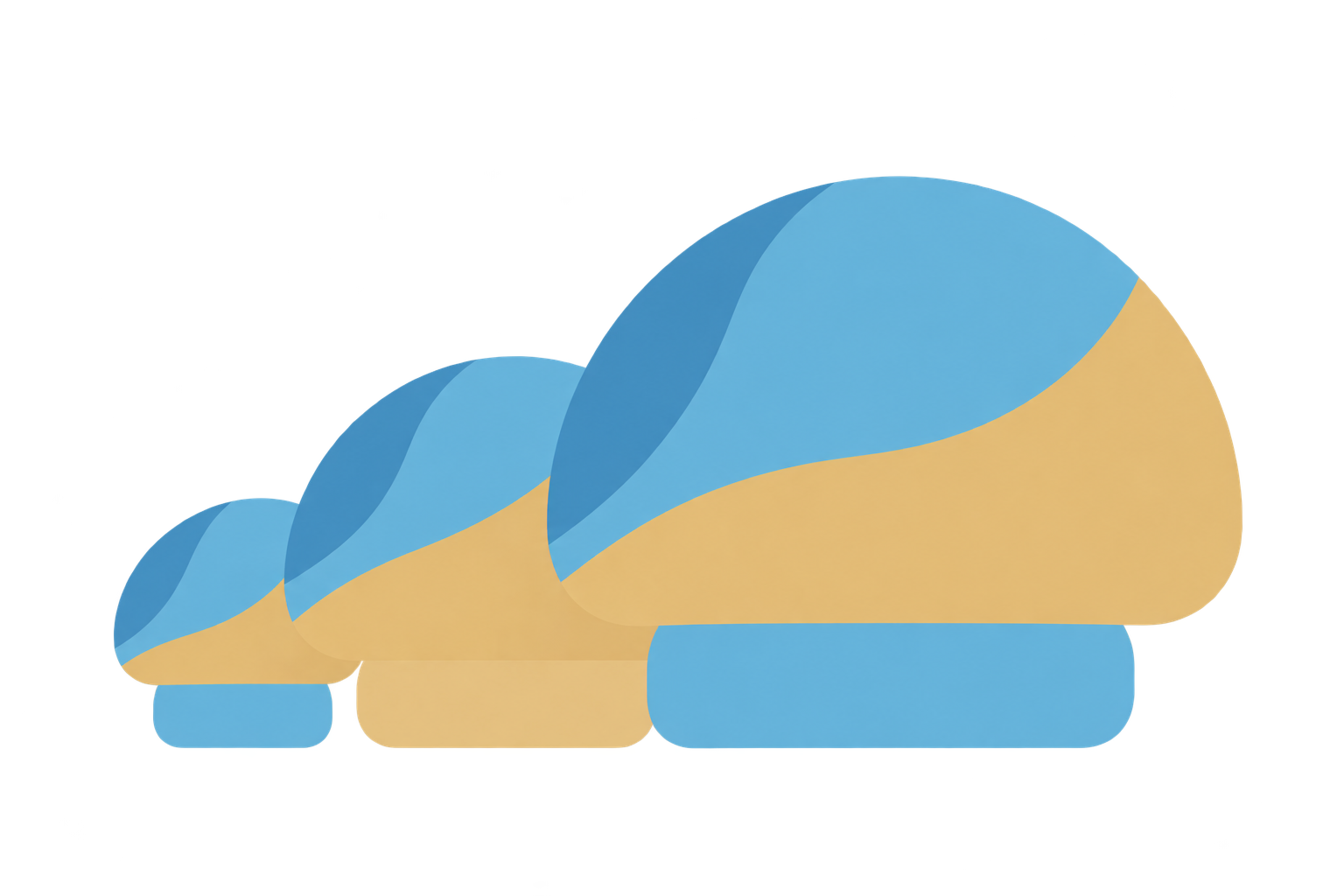 Abstract blue and amber shapes growing through three stages